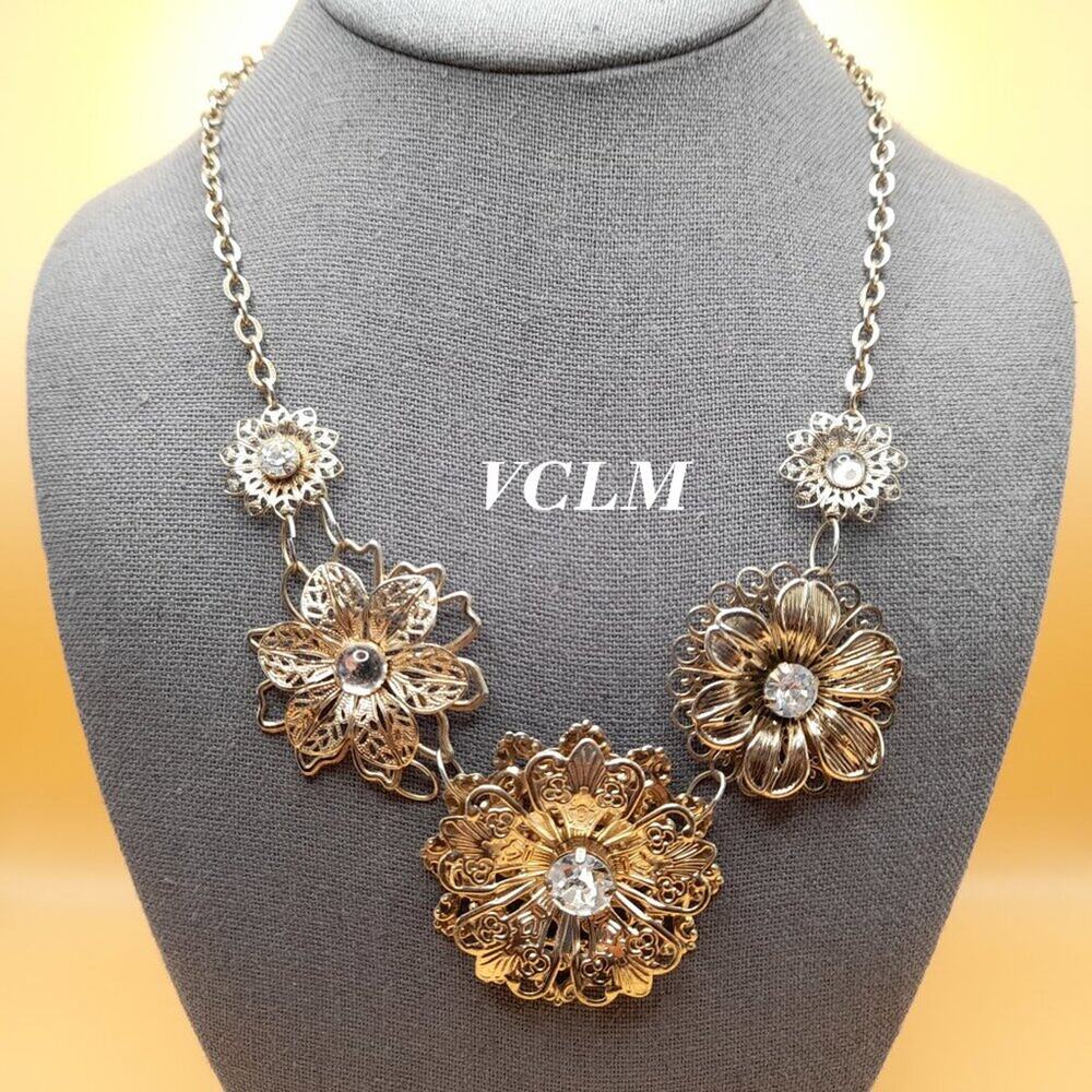 Vintage Filigree Floral Necklace, 1990s, Clear Rhinestone Center, 20"